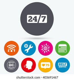 Wifi, like counter and calendar icons. Repair fix tool icons. 24h Customer support service signs. 100% quality guarantee symbol. Cogwheel gear with wrench key. Human talk, go to web.