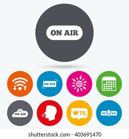 Wifi, like counter and calendar icons. On air icons. Live stream signs. Microphone symbol. Human talk, go to web.