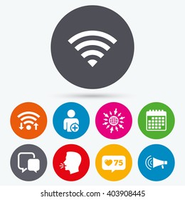 Wifi, like counter and calendar icons. Wifi and chat bubbles icons. Add user and megaphone loudspeaker symbols. Communication signs. Human talk, go to web.