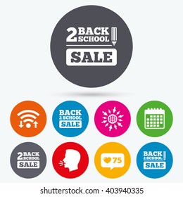 Wifi, like counter and calendar icons. Back to school sale icons. Studies after the holidays signs. Pencil symbol. Human talk, go to web.