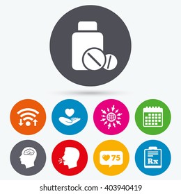 Wifi, like counter and calendar icons. Medicine icons. Medical tablets bottle, head with brain, prescription Rx signs. Pharmacy or medicine symbol. Hand holds heart. Human talk, go to web.