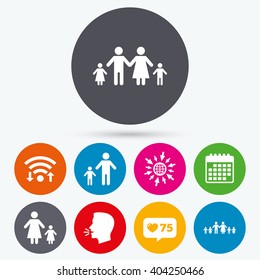 Wifi, like counter and calendar icons. Large family with children icon. Parents and kids symbols. One-parent family signs. Mother and father divorce. Human talk, go to web.