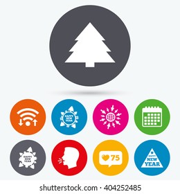 Wifi, like counter and calendar icons. Happy new year icon. Christmas trees signs. World globe symbol. Human talk, go to web.