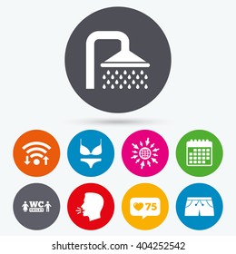 Wifi, like counter and calendar icons. Swimming pool icons. Shower water drops and swimwear symbols. WC Toilet sign. Trunks and women underwear. Human talk, go to web.