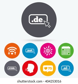 Wifi, like counter and calendar icons. Top-level internet domain icons. De, Com, Net and Nl symbols with cursor pointer. Unique national DNS names. Human talk, go to web.