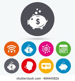 Wifi, like counter and calendar icons. Piggy bank icons. Dollar, Euro and Pound moneybox signs. Cash coin money symbols. Human talk, go to web.