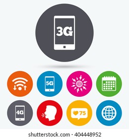 Wifi, like counter and calendar icons. Mobile telecommunications icons. 3G, 4G and 5G technology symbols. World globe sign. Human talk, go to web.
