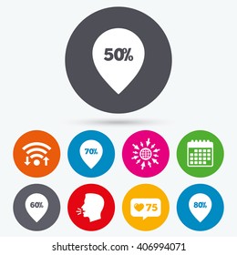 Wifi, like counter and calendar icons. Sale pointer tag icons. Discount special offer symbols. 50%, 60%, 70% and 80% percent discount signs. Human talk, go to web.