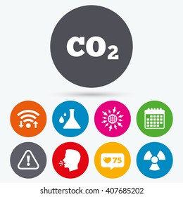 Wifi, like counter and calendar icons. Attention and radiation icons. Chemistry flask sign. CO2 carbon dioxide symbol. Human talk, go to web.
