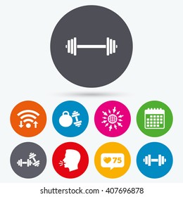 Wifi, like counter and calendar icons. Dumbbells sign icons. Fitness sport symbols. Gym workout equipment. Human talk, go to web.