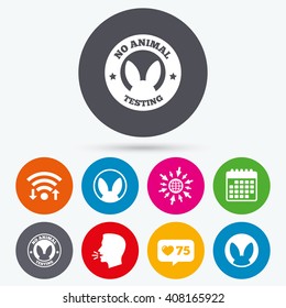 Wifi, like counter and calendar icons. No animals testing icons. Non-human experiments signs symbols. Human talk, go to web.