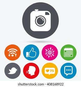 Wifi, like counter and calendar icons. Hipster photo camera icon. Like and Chat speech bubble sign. Hand thumb up. Bird symbol. Human talk, go to web.