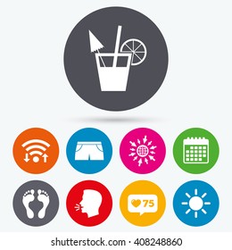 Wifi, like counter and calendar icons. Beach holidays icons. Cocktail, human footprints and swimming trunks signs. Summer sun symbol. Human talk, go to web.