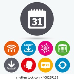 Wifi, like counter and calendar icons. Download and Backup data icons. Calendar and rotation arrows sign symbols. Human talk, go to web.