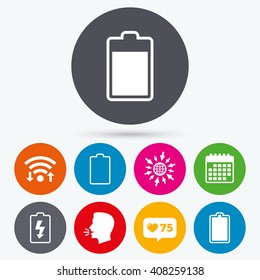 Wifi, like counter and calendar icons. Battery charging icons. Electricity signs symbols. Charge levels: full, empty. Human talk, go to web.