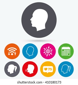 Wifi, like counter and calendar icons. Head icons. Male and female human symbols. Woman with pigtail signs. Human talk, go to web.