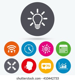 Wifi, like counter and calendar icons. Lamp idea and clock time icons. Graph chart diagram sign. Teamwork symbol. Human talk, go to web.