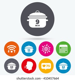 Wifi, like counter and calendar icons. Cooking pan icons. Boil 9, 10, 11 and 12 minutes signs. Stew food symbol. Human talk, go to web.