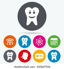 Wifi, like counter and calendar icons. Tooth happy, sad and crying faces icons. Dental care signs. Healthy or unhealthy teeth symbols. Human talk, go to web.