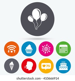 Wifi, like counter and calendar icons. Birthday party icons. Cake with ice cream signs. Air balloons with rope symbol. Human talk, go to web.