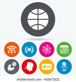 Wifi, like counter and calendar icons. Basketball sport icons. Ball with basket and fireball signs. Laurel wreath symbol. Human talk, go to web.