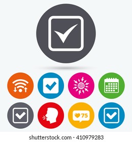 Wifi, like counter and calendar icons. Check icons. Checkbox confirm squares sign symbols. Human talk, go to web.