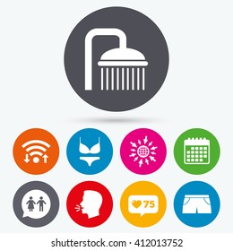 Wifi, like counter and calendar icons. Swimming pool icons. Shower water drops and swimwear symbols. WC Toilet speech bubble sign. Trunks and women underwear. Human talk, go to web.