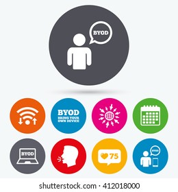 Wifi, like counter and calendar icons. BYOD icons. Human with notebook and smartphone signs. Speech bubble symbol. Human talk, go to web.