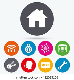 Wifi, like counter and calendar icons. Home key icon. Wrench service tool symbol. Locker sign. Main page web navigation. Human talk, go to web.