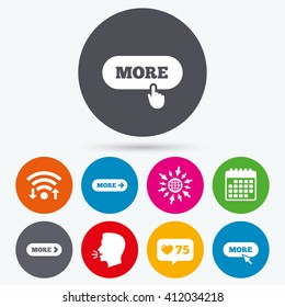 Wifi, like counter and calendar icons. More with cursor pointer icon. Details with arrow or hand symbols. Click more sign. Human talk, go to web.
