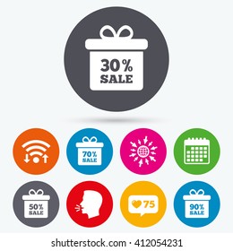 Wifi, like counter and calendar icons. Sale gift box tag icons. Discount special offer symbols. 30%, 50%, 70% and 90% percent sale signs. Human talk, go to web.