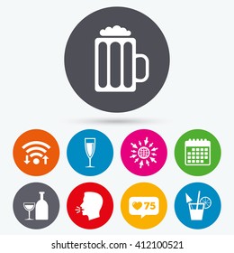 Wifi, like counter and calendar icons. Alcoholic drinks icons. Champagne sparkling wine and beer symbols. Wine glass and cocktail signs. Human talk, go to web.