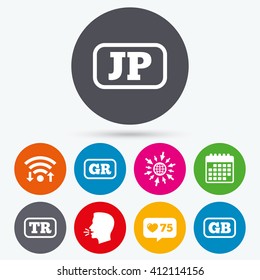 Wifi, like counter and calendar icons. Language icons. JP, TR, GR and GB translation symbols. Japan, Turkey, Greece and England languages. Human talk, go to web.