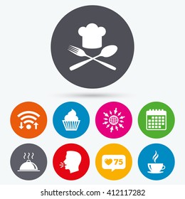 Wifi, like counter and calendar icons. Food and drink icons. Muffin cupcake symbol. Fork and spoon with Chef hat sign. Hot coffee cup. Food platter serving. Human talk, go to web.
