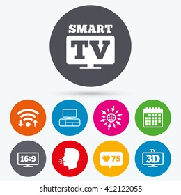 Wifi, like counter and calendar icons. Smart TV mode icon. Aspect ratio 16:9 widescreen symbol. 3D Television and TV table signs. Human talk, go to web.