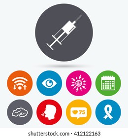Wifi, like counter and calendar icons. Medicine icons. Syringe, eye, brain and ribbon signs. Breast cancer awareness symbol. Human intelligent smart mind. Human talk, go to web.