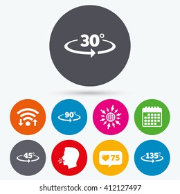 Wifi, like counter and calendar icons. Angle 30-135 degrees icons. Geometry math signs symbols. Full complete rotation arrow. Human talk, go to web.