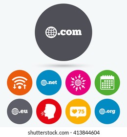 Wifi, like counter and calendar icons. Top-level internet domain icons. Com, Eu, Net and Org symbols with globe. Unique DNS names. Human talk, go to web.