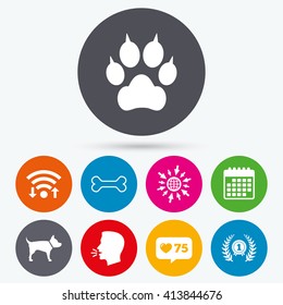 Wifi, like counter and calendar icons. Pets icons. Cat paw with clutches sign. Winner laurel wreath and medal symbol. Pets food. Human talk, go to web.