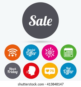 Wifi, like counter and calendar icons. Sale icons. Best special offer symbols. Black friday sign. Human talk, go to web.