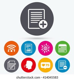 Wifi, like counter and calendar icons. File document icons. Document with chart or graph symbol. Edit content with pencil sign. Add file. Human talk, go to web.