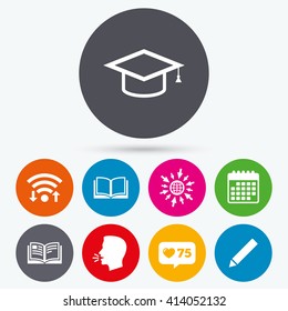 Wifi, like counter and calendar icons. Pencil and open book icons. Graduation cap symbol. Higher education learn signs. Human talk, go to web.