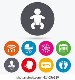 Wifi, like counter and calendar icons. Baby infants icons. Toddler boy with diapers symbol. Buggy and dummy signs. Child pacifier and pram stroller. Child footprint step sign. Human talk, go to web.