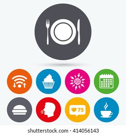Wifi, like counter and calendar icons. Food and drink icons. Muffin cupcake symbol. Plate dish with fork and knife sign. Hot coffee cup and hamburger. Human talk, go to web.