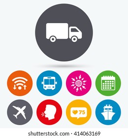 Wifi, like counter and calendar icons. Transport icons. Truck, Airplane, Public bus and Ship signs. Shipping delivery symbol. Air mail delivery sign. Human talk, go to web.