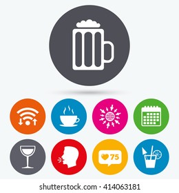 Wifi, like counter and calendar icons. Drinks icons. Coffee cup and glass of beer symbols. Wine glass and cocktail signs. Human talk, go to web.