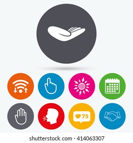 Wifi, like counter and calendar icons. Hand icons. Handshake successful business symbol. Click here press sign. Human helping donation hand. Human talk, go to web.