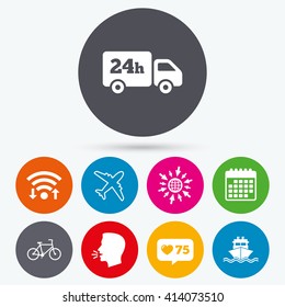 Wifi, like counter and calendar icons. Cargo truck and shipping icons. Shipping and eco bicycle delivery signs. Transport symbols. 24h service. Human talk, go to web.