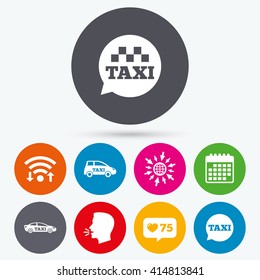 Wifi, like counter and calendar icons. Public transport icons. Taxi speech bubble signs. Car transport symbol. Human talk, go to web.