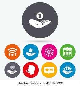 Wifi, like counter and calendar icons. Helping hands icons. Financial money savings, family life insurance symbols. Diamond brilliant sign. Fire protection. Human talk, go to web.